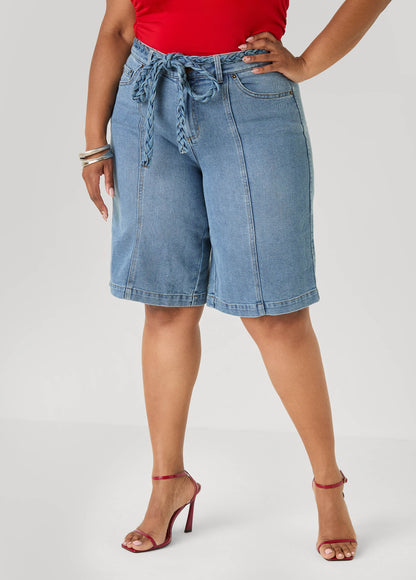 Ashley Stewart Braided Belt Bermuda Shorts Denim Blue
