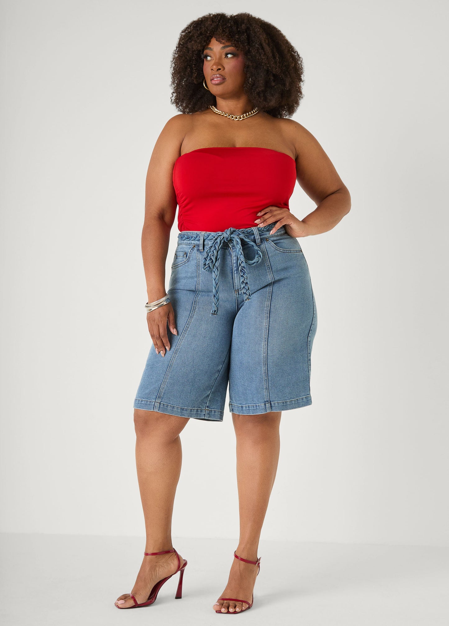 Ashley Stewart Braided Belt Bermuda Shorts Denim Blue