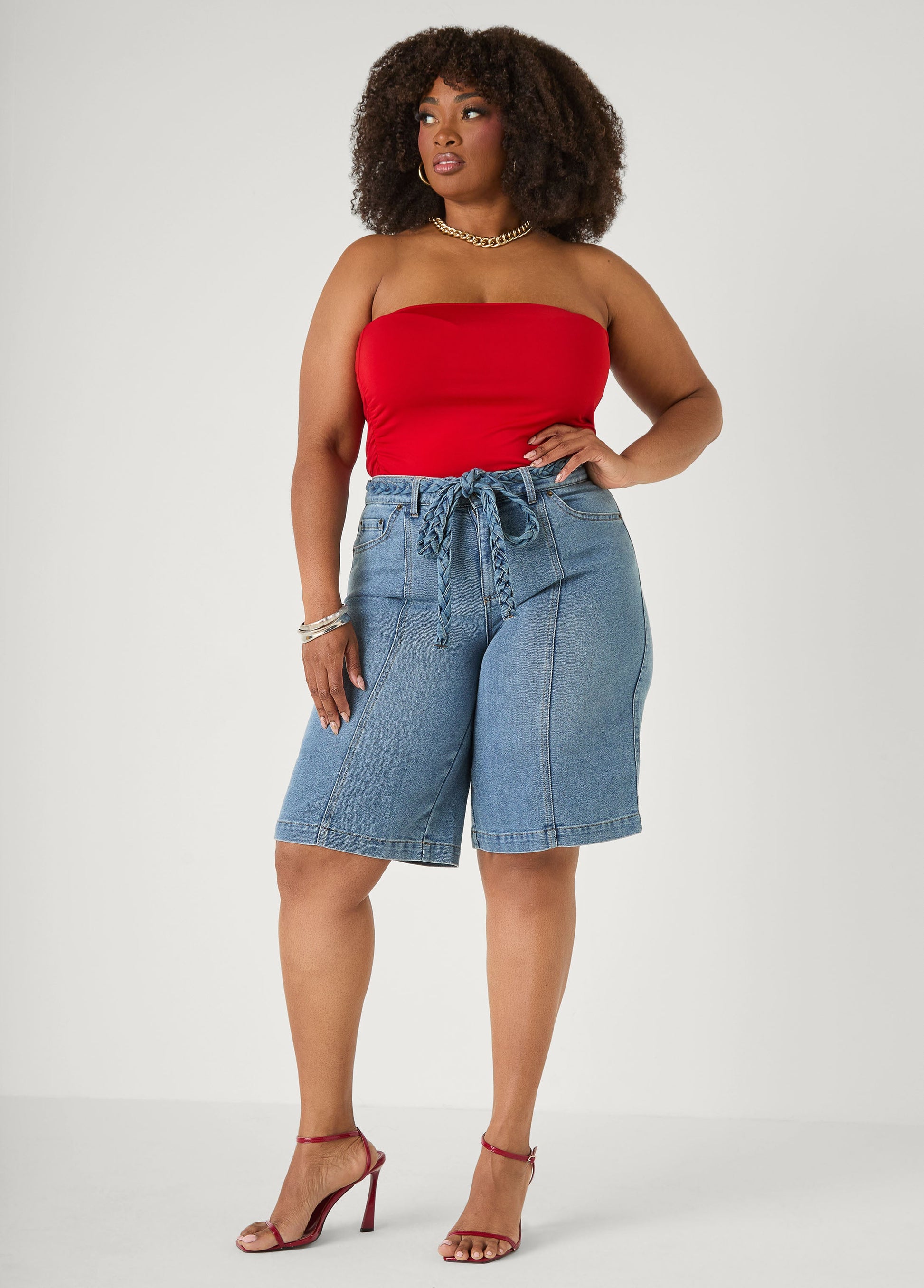 Ashley Stewart Braided Belt Bermuda Shorts Denim Blue