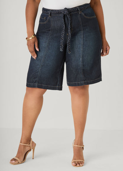 Ashley Stewart Braided Belt Bermuda Shorts Denim Blue