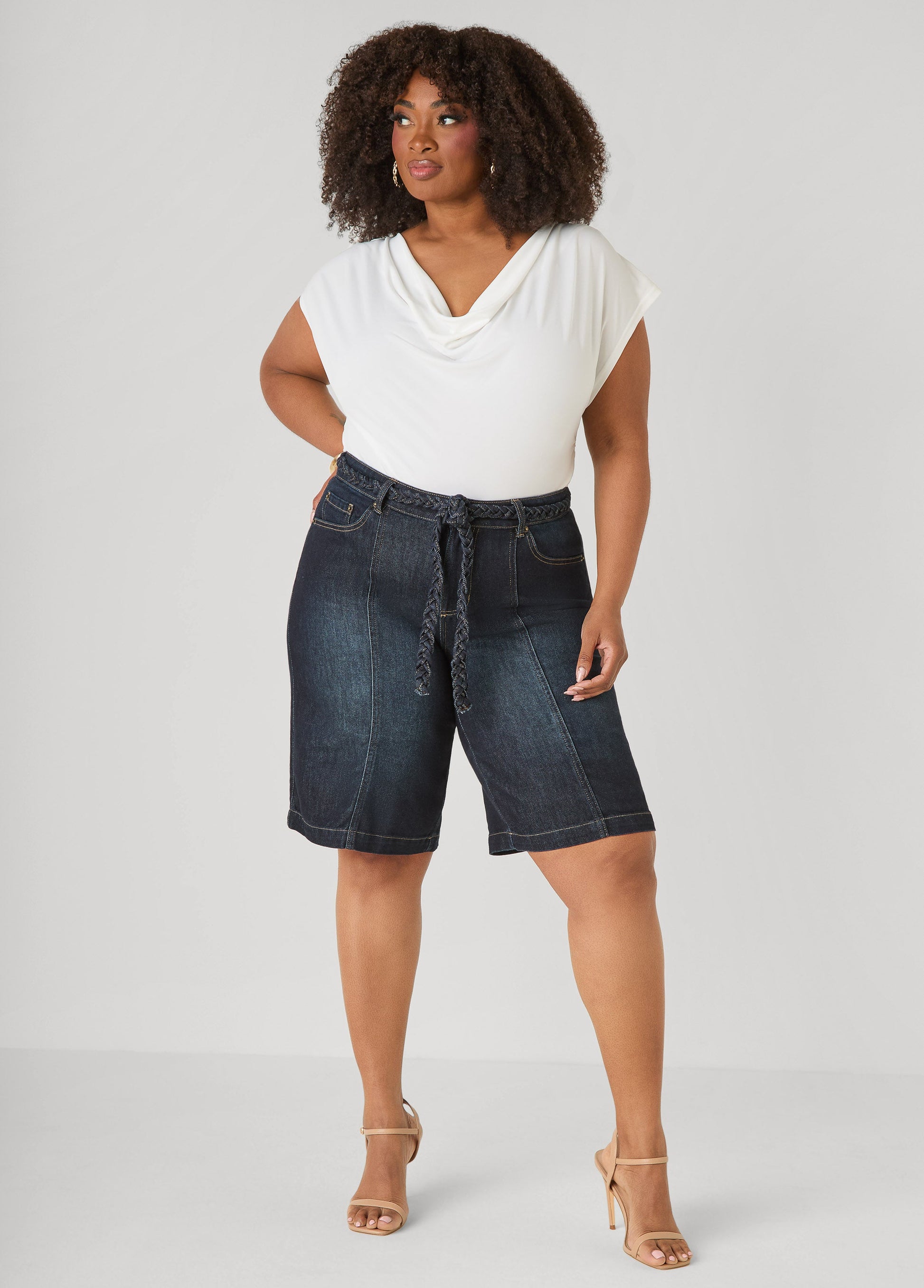 Ashley Stewart Braided Belt Bermuda Shorts Denim Blue