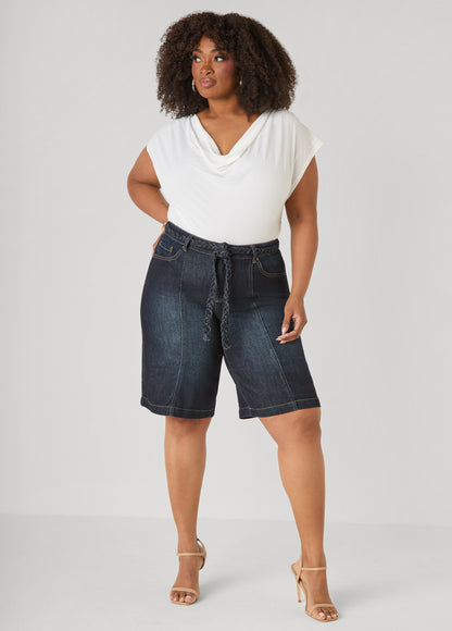 Ashley Stewart Braided Belt Bermuda Shorts Denim Blue