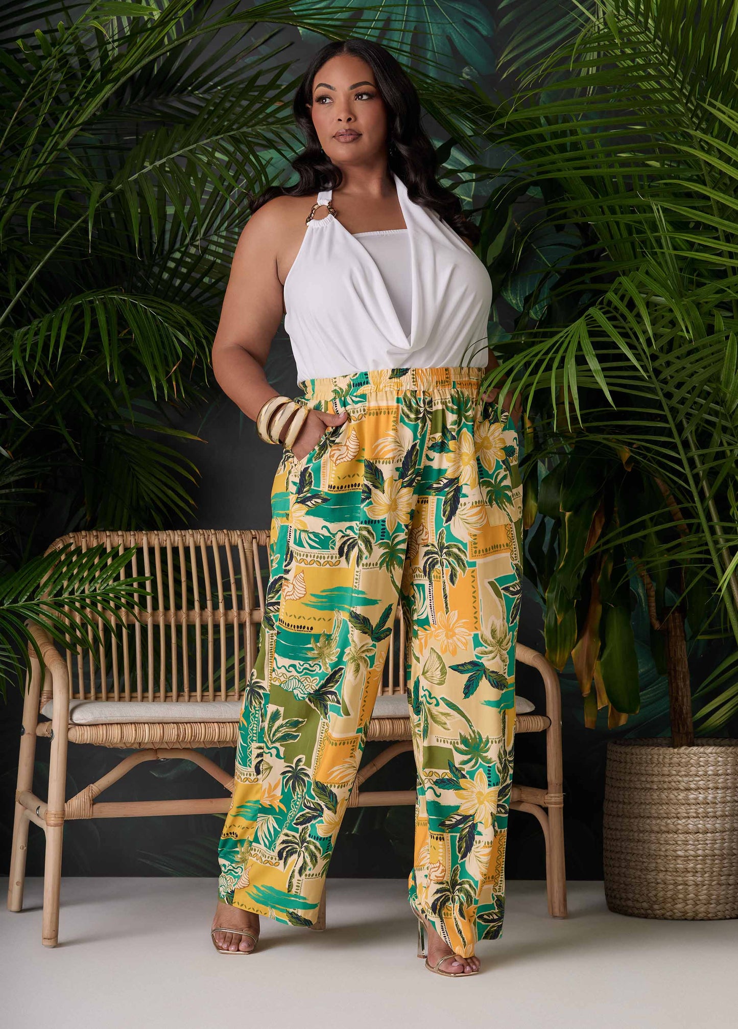 Ashley Stewart Tropical Print Wide Leg Pants Multi
