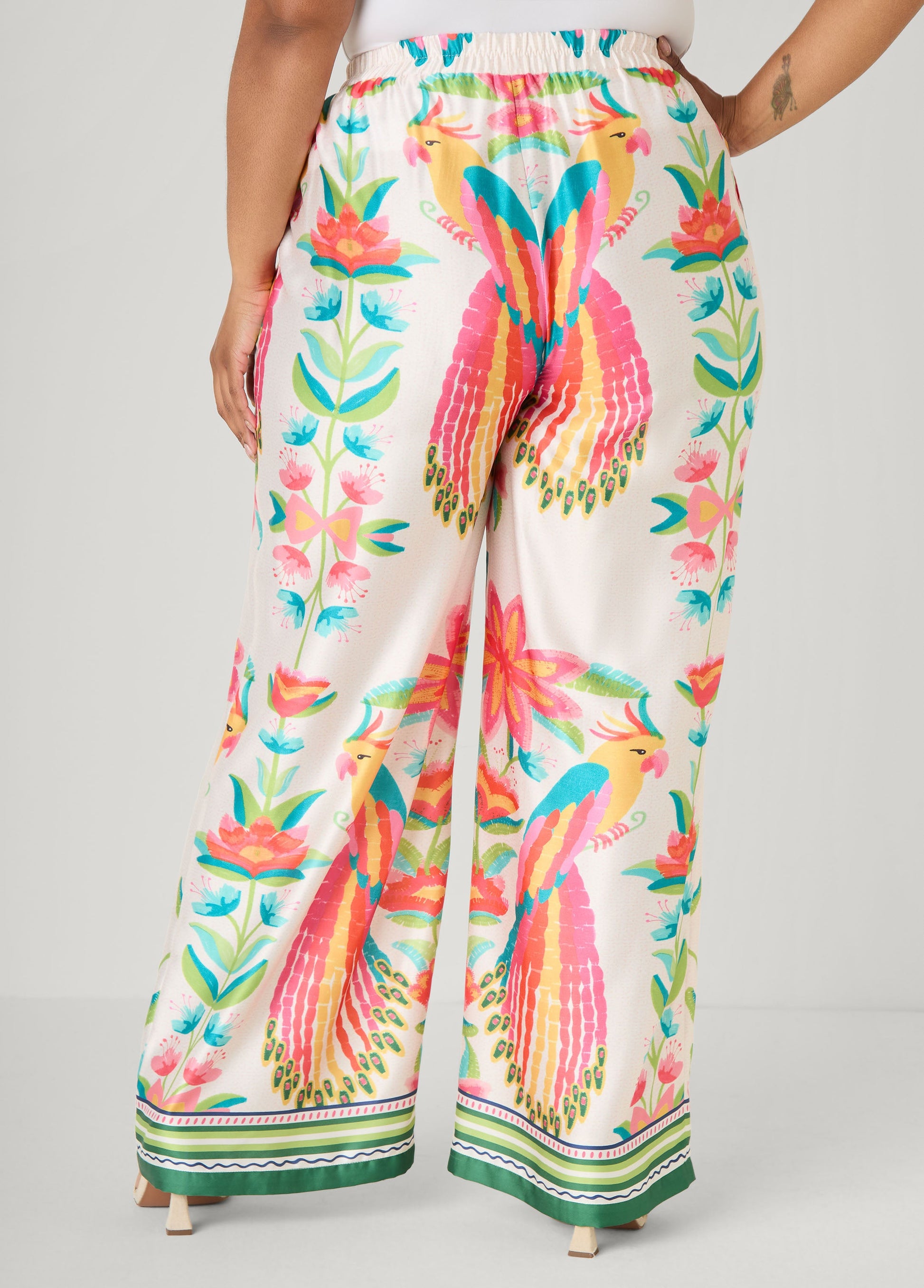 Ashley Stewart Parrot Print Satin Wide Leg Pants Multi