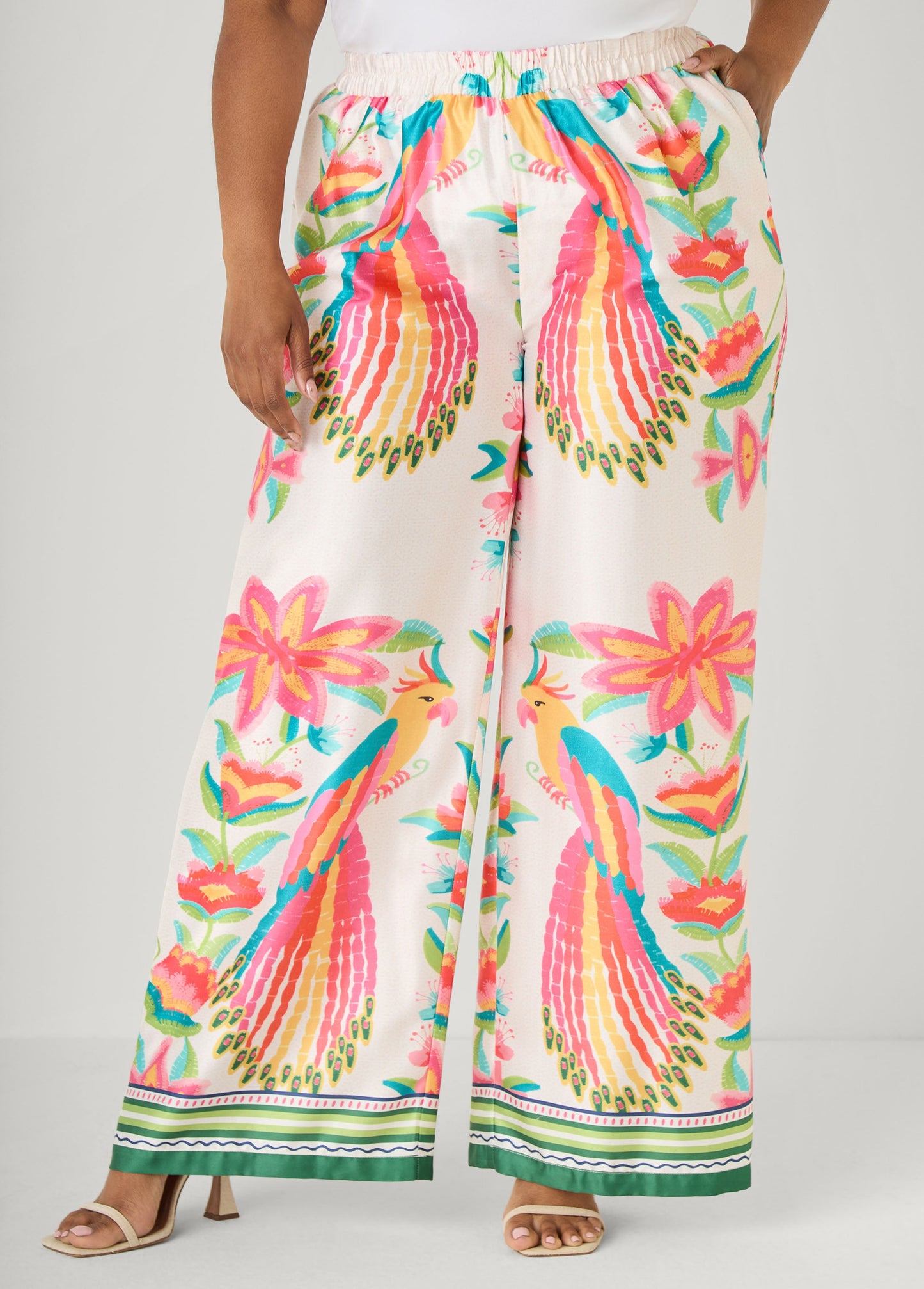 Ashley Stewart Parrot Print Satin Wide Leg Pants Multi