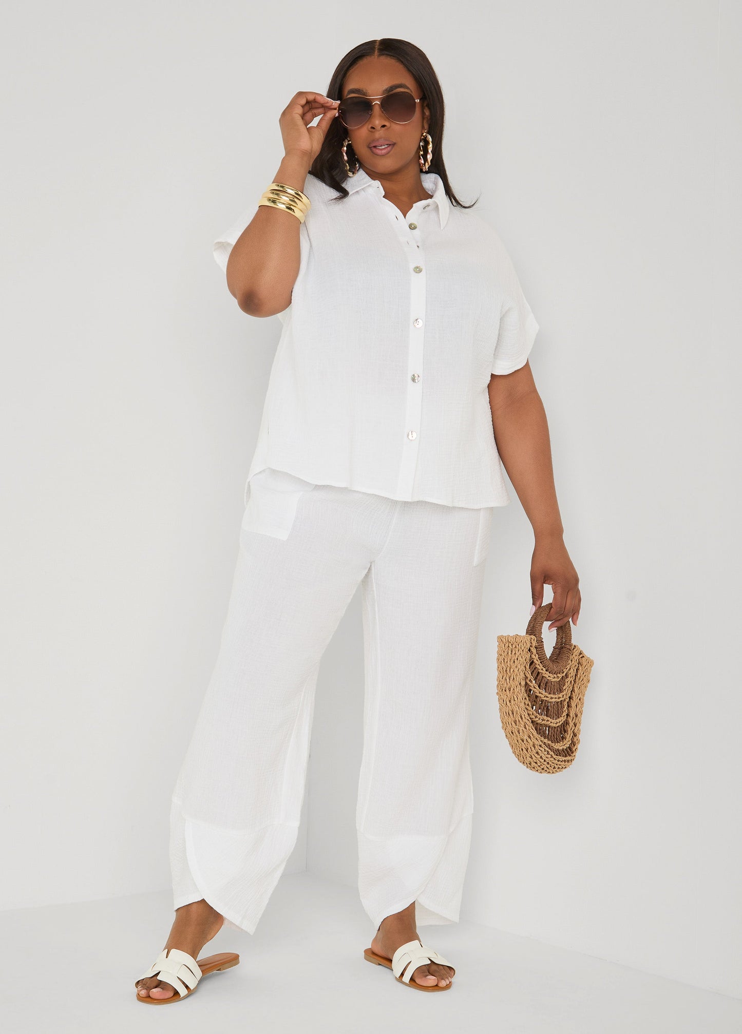 Ashley Stewart Textured Cotton Gauze Pants White