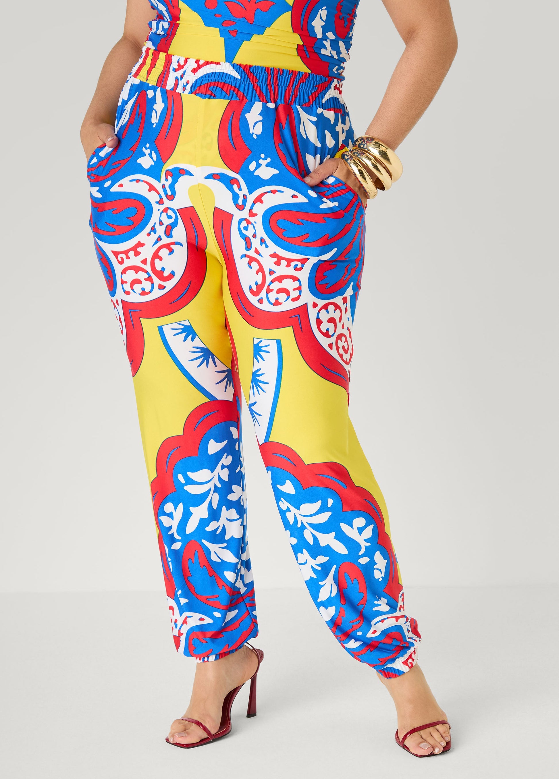 Ashley Stewart High Rise Printed Joggers Primrose Yellow