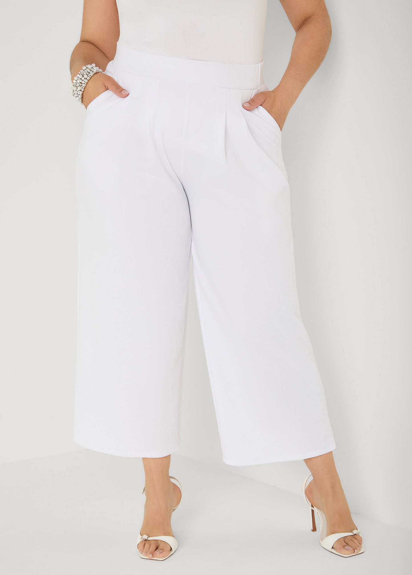 Ashley Stewart Pleated Wide Leg Capris White