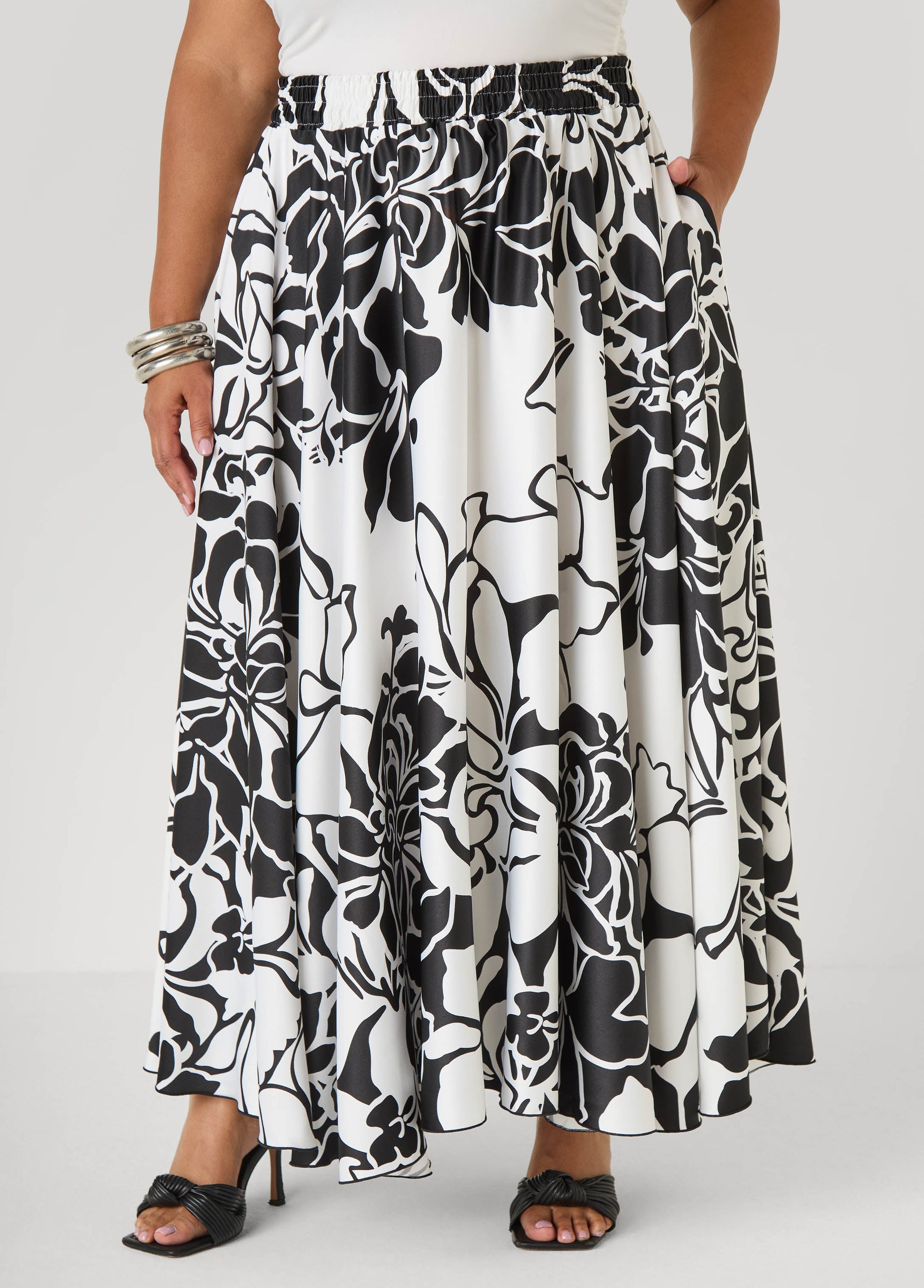 Ashley Stewart Floral Print Satin Maxi Skirt Black Combo