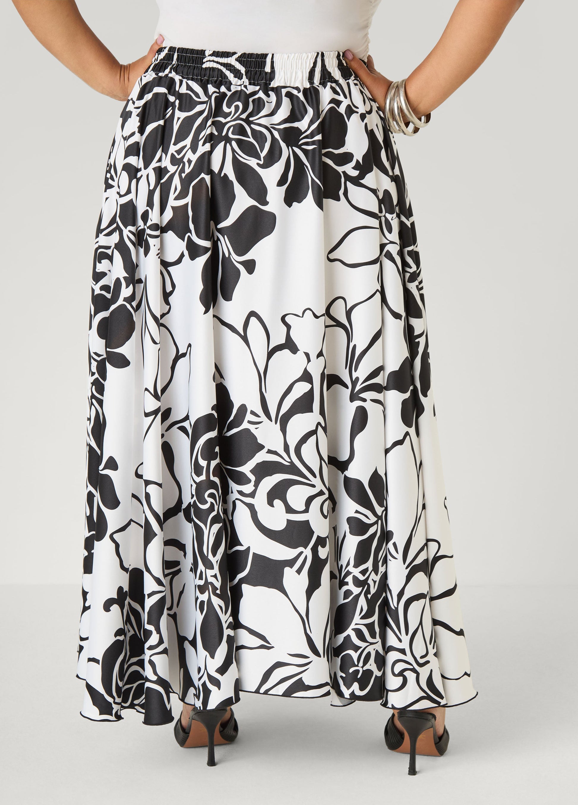 Ashley Stewart Floral Print Satin Maxi Skirt Black Combo