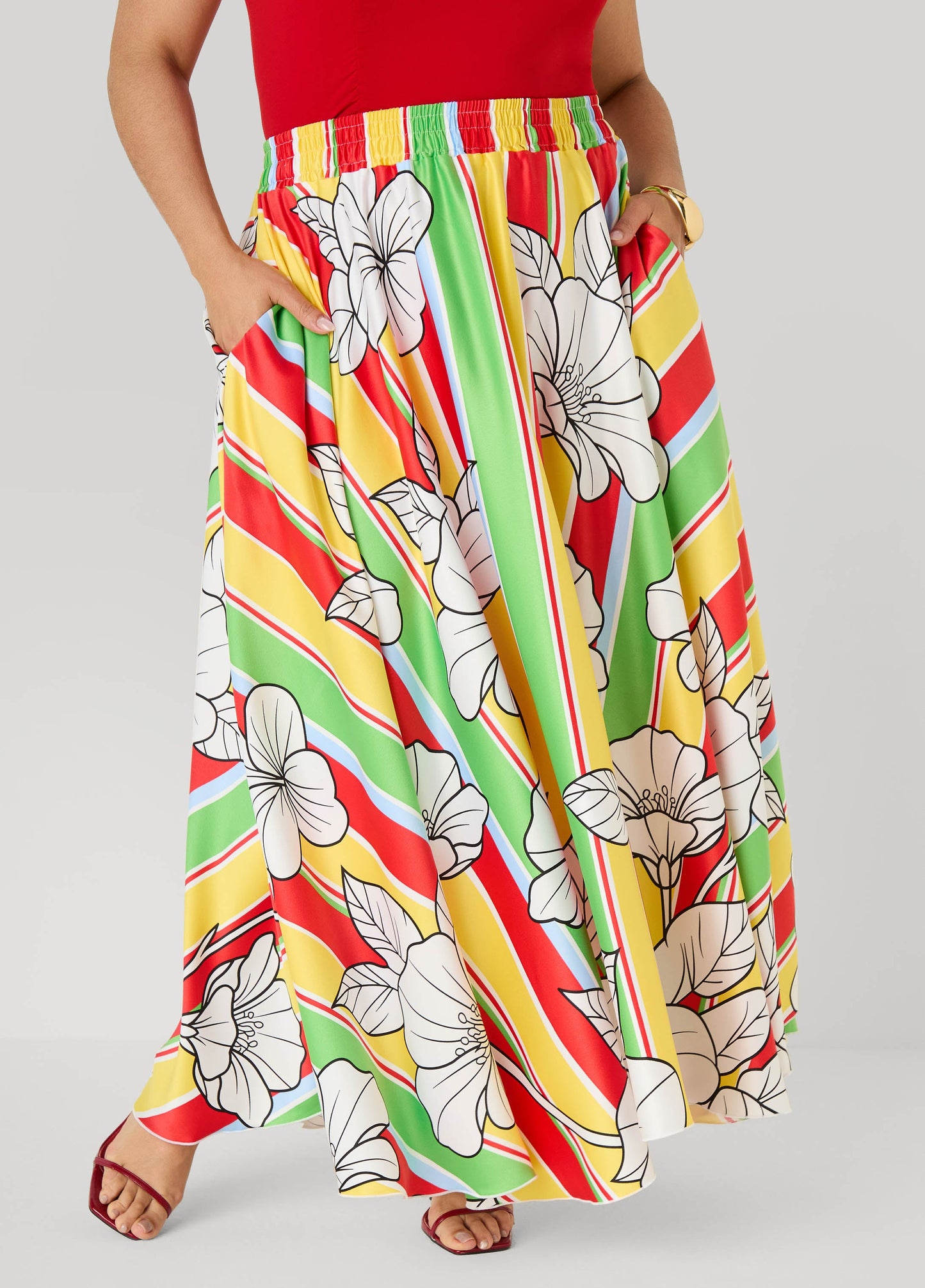 Ashley Stewart Floral Satin Maxi Skirt Primrose Yellow