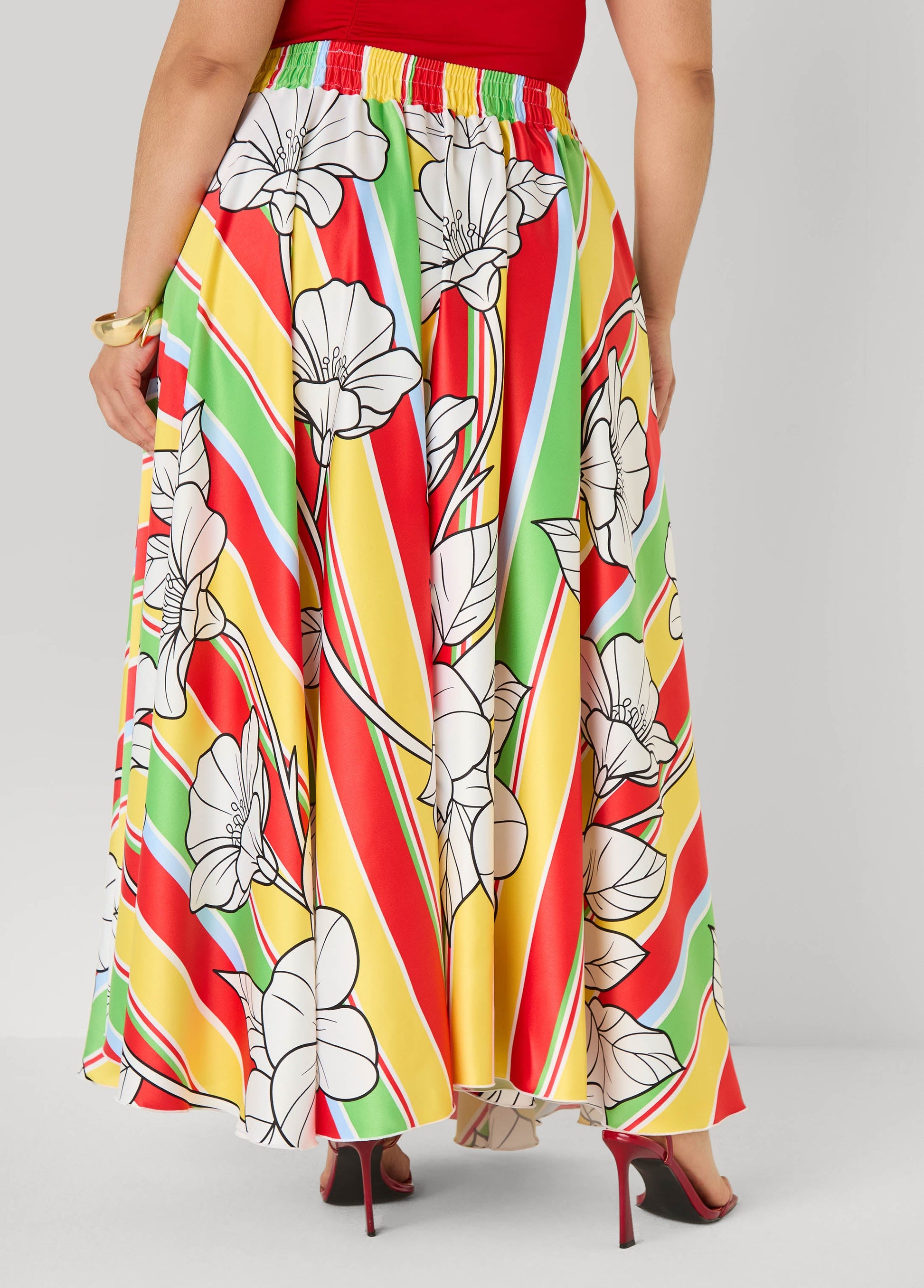 Ashley Stewart Floral Satin Maxi Skirt Primrose Yellow