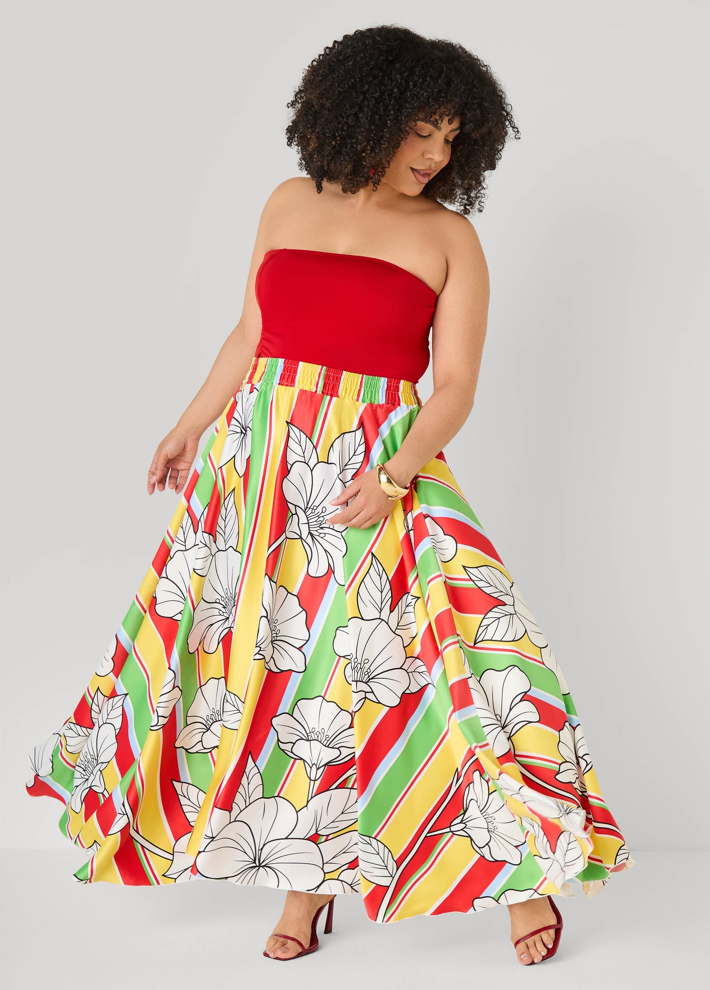 Ashley Stewart Floral Satin Maxi Skirt Primrose Yellow