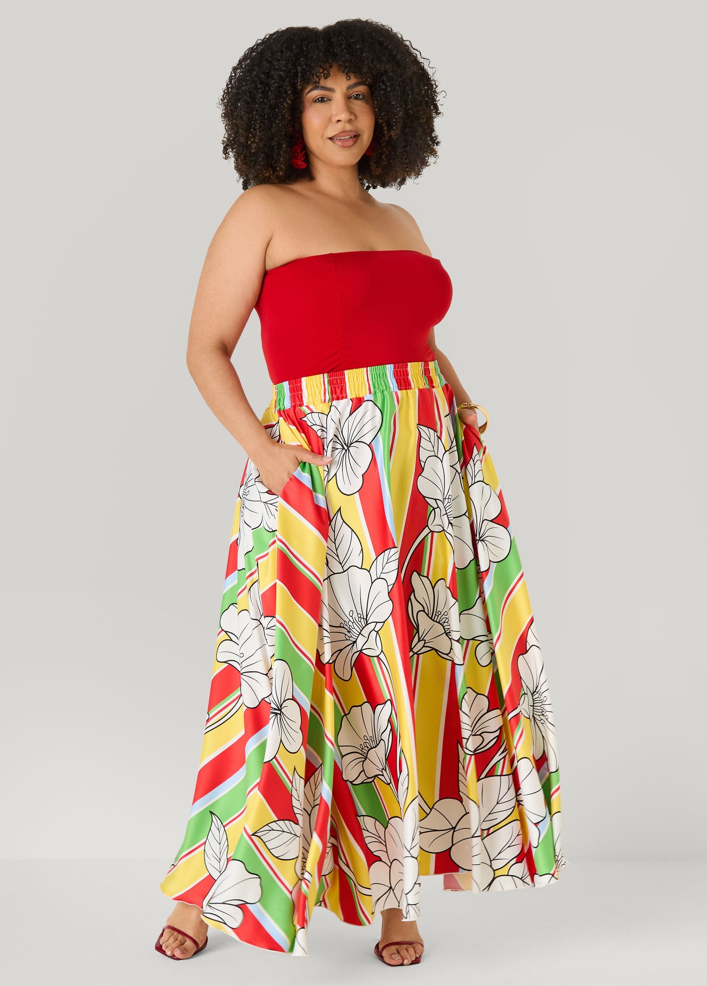 Ashley Stewart Floral Satin Maxi Skirt Primrose Yellow