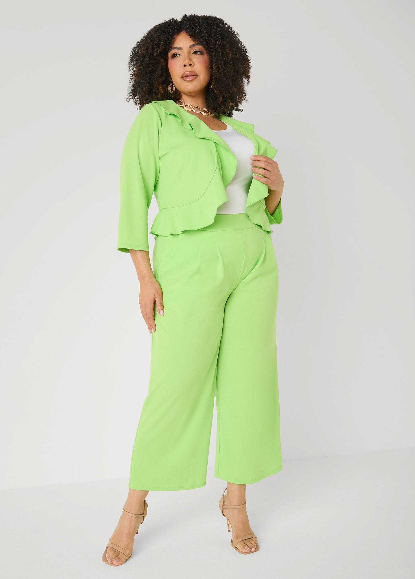 Ashley Stewart Pleat Detailed Wide Leg Capris Lime Green