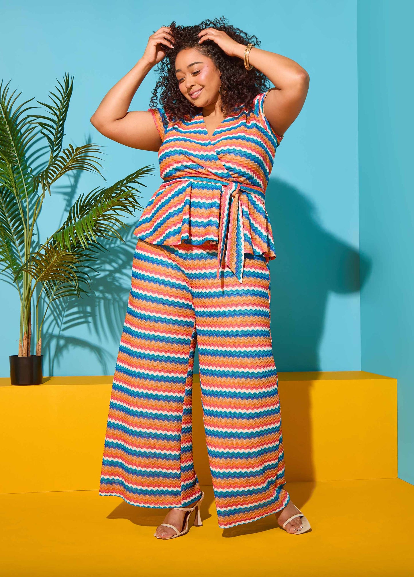 Ashley Stewart Chevron Knit Wide Leg Pants Caribbean Sea