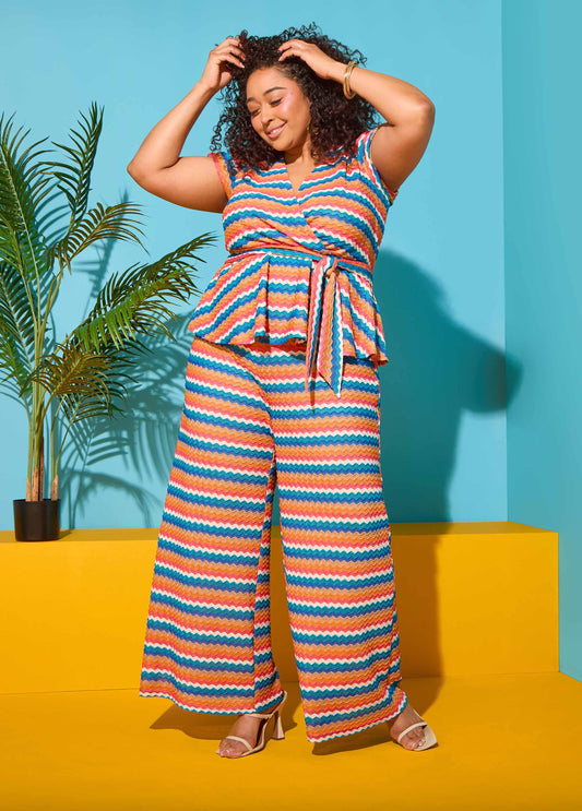 Ashley Stewart Chevron Knit Wide Leg Pants Caribbean Sea