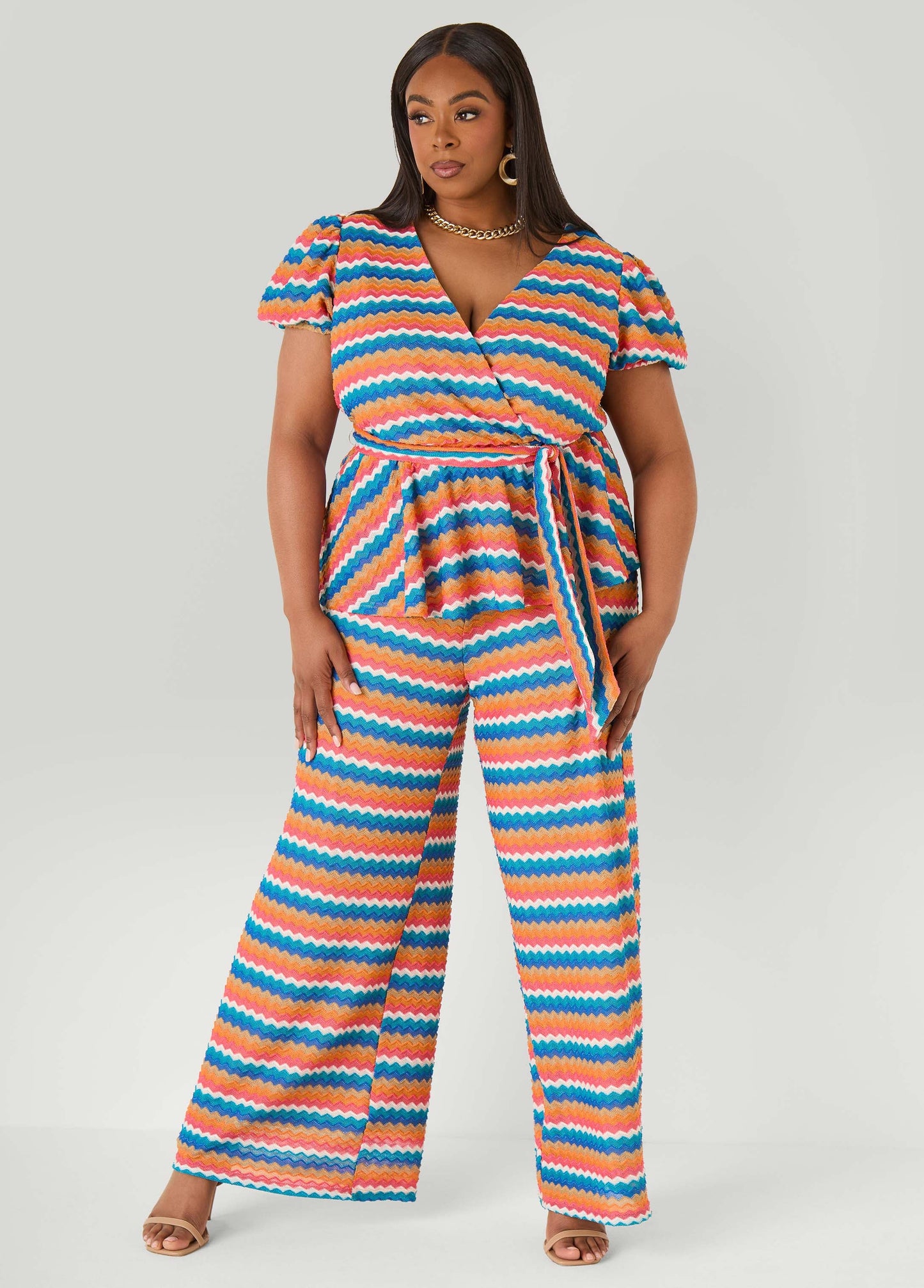 Ashley Stewart Chevron Knit Wide Leg Pants Caribbean Sea