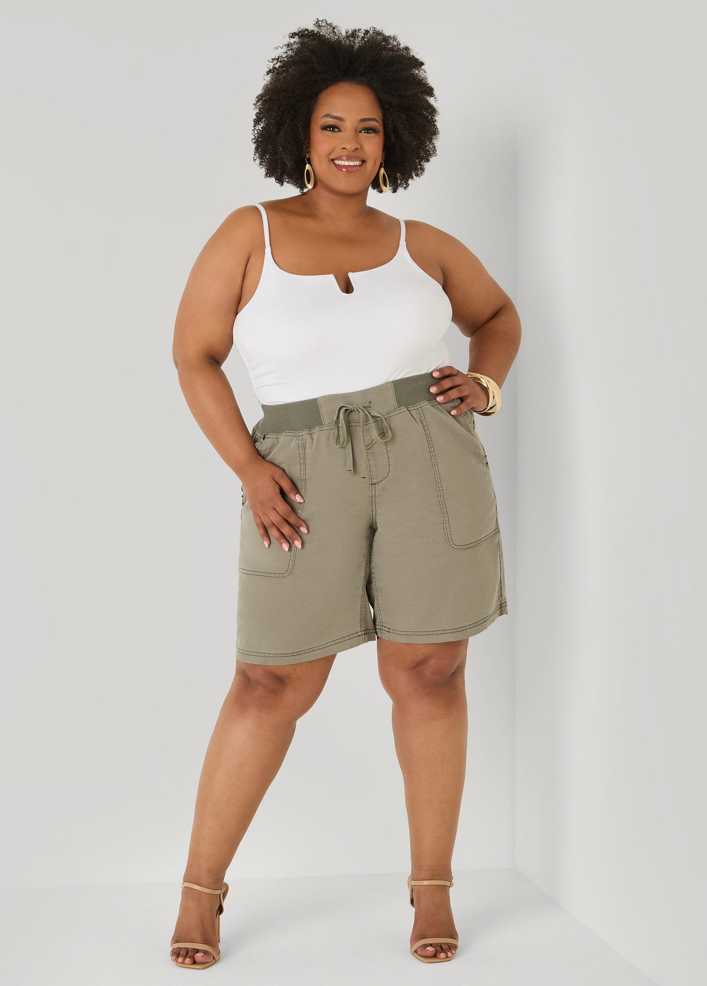 Ashley Stewart Drawstring Twill Shorts Dusty Olive