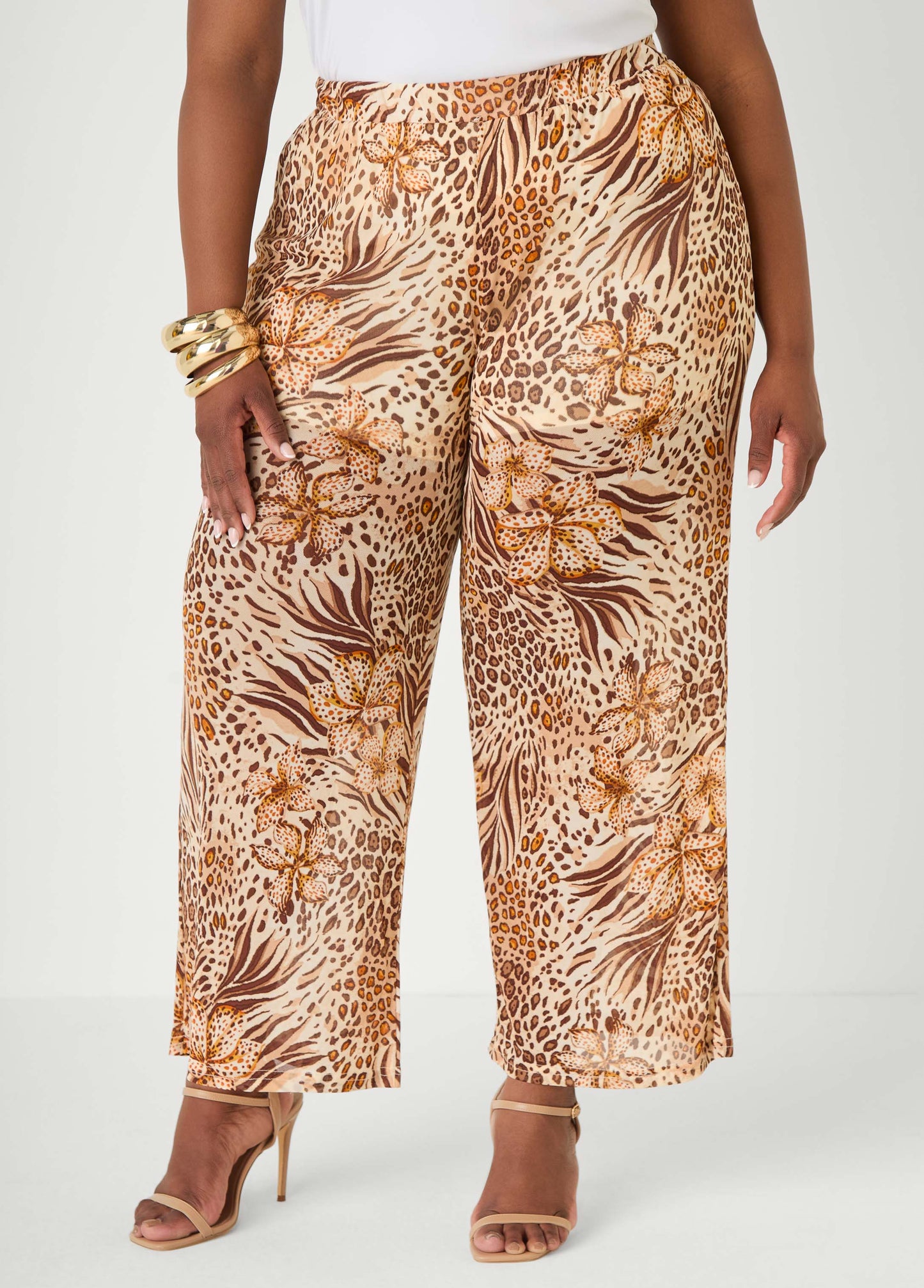 Ashley Stewart Animal Print Wide Leg Pants Brown Animal