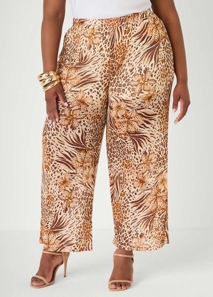 Ashley Stewart Animal Print Wide Leg Pants Brown Animal