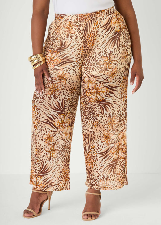 Ashley Stewart Animal Print Wide Leg Pants Brown Animal