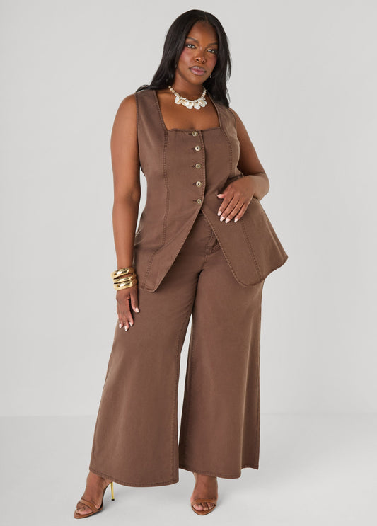 Ashley Stewart Chambray Wide Leg Pants Brown