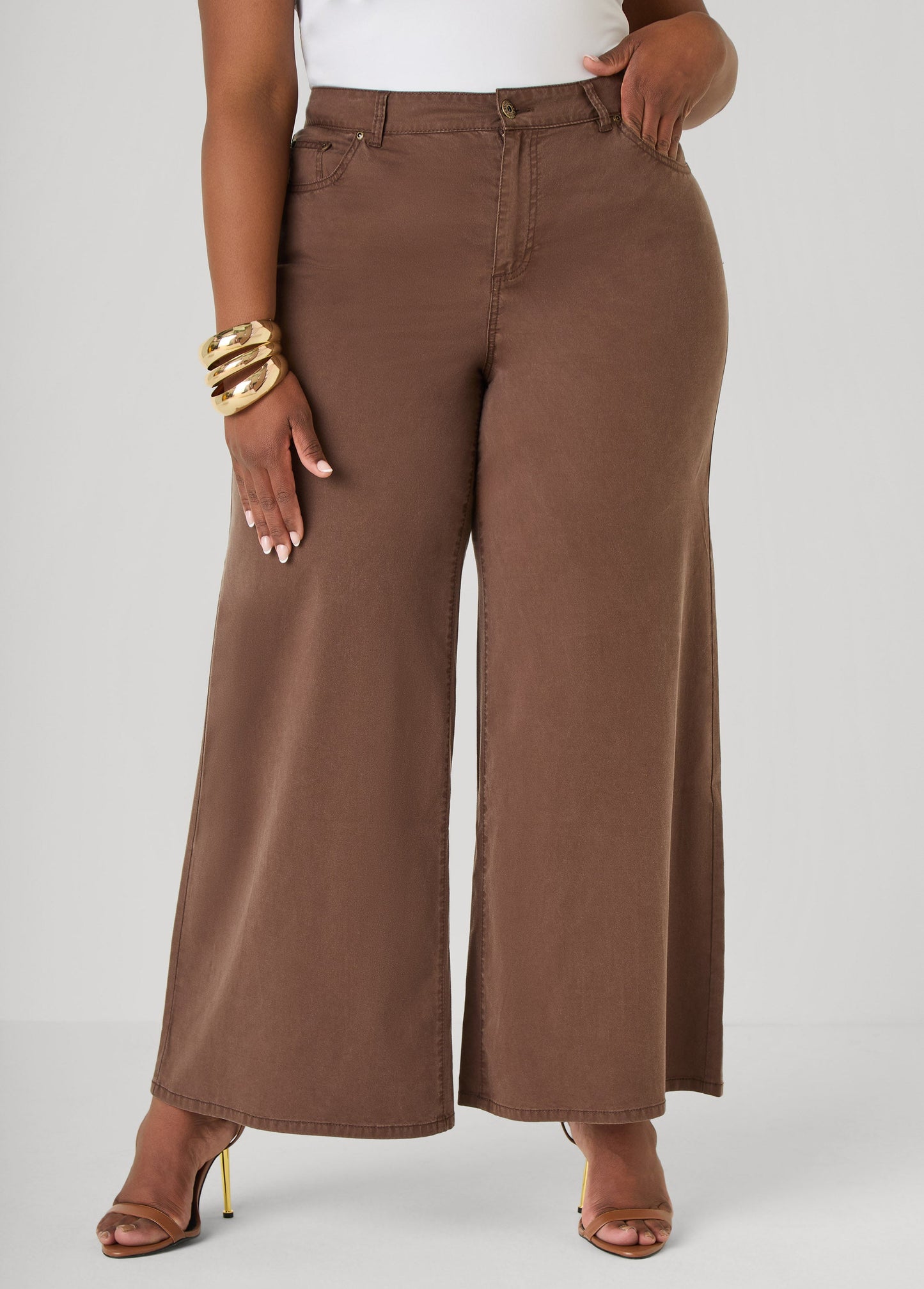 Ashley Stewart Chambray Wide Leg Pants Brown
