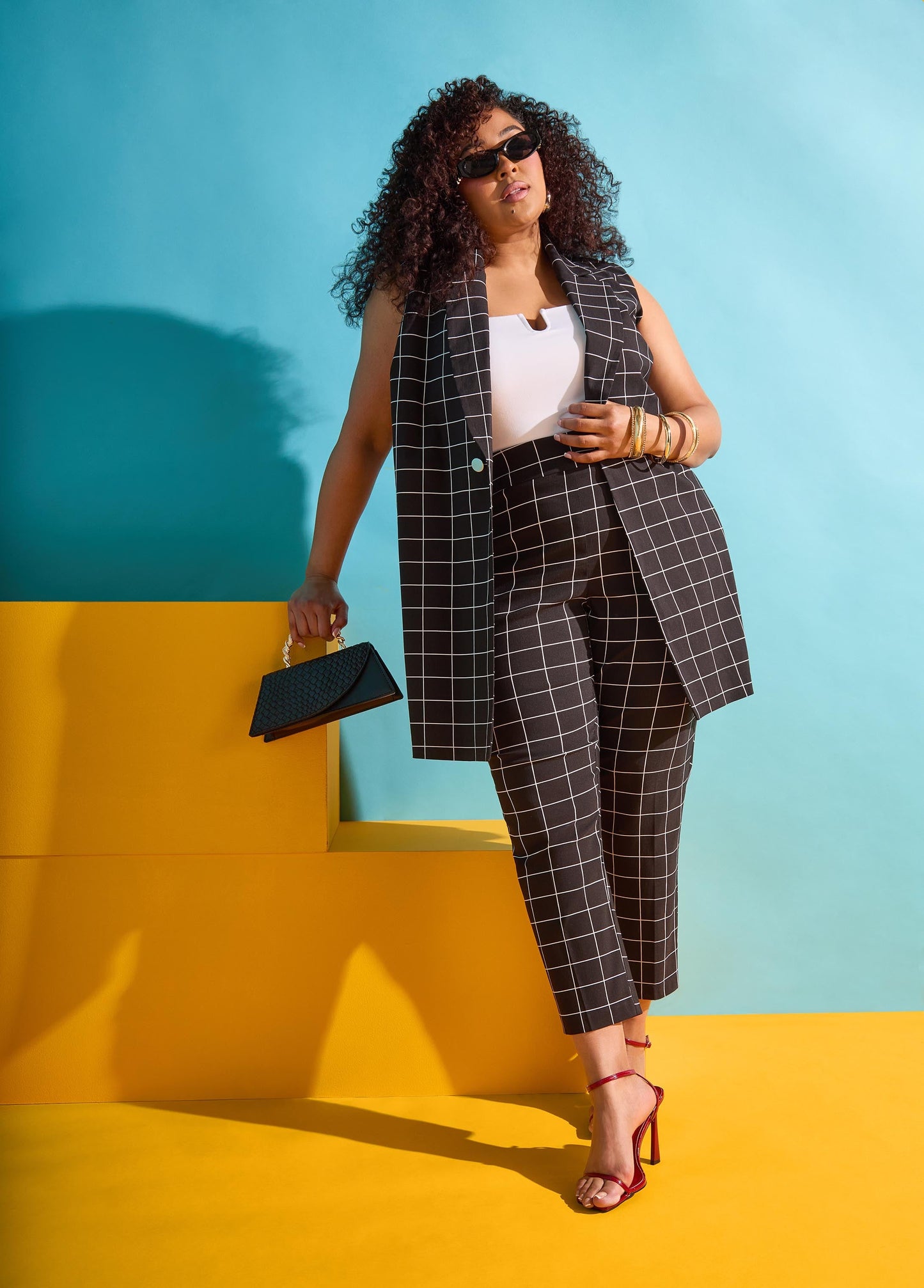 Ashley Stewart Millennium Checked Ankle Pants Black White