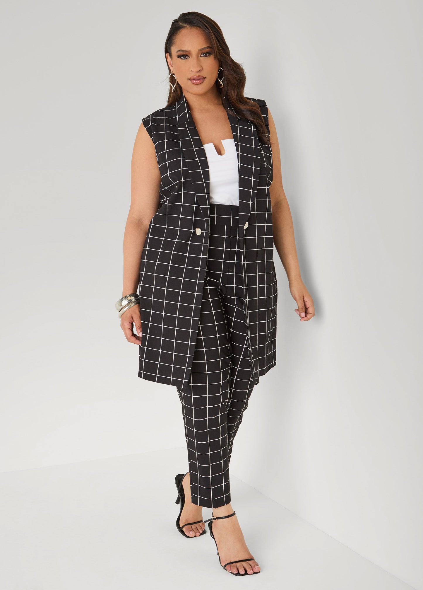 Ashley Stewart Millennium Checked Ankle Pants Black White