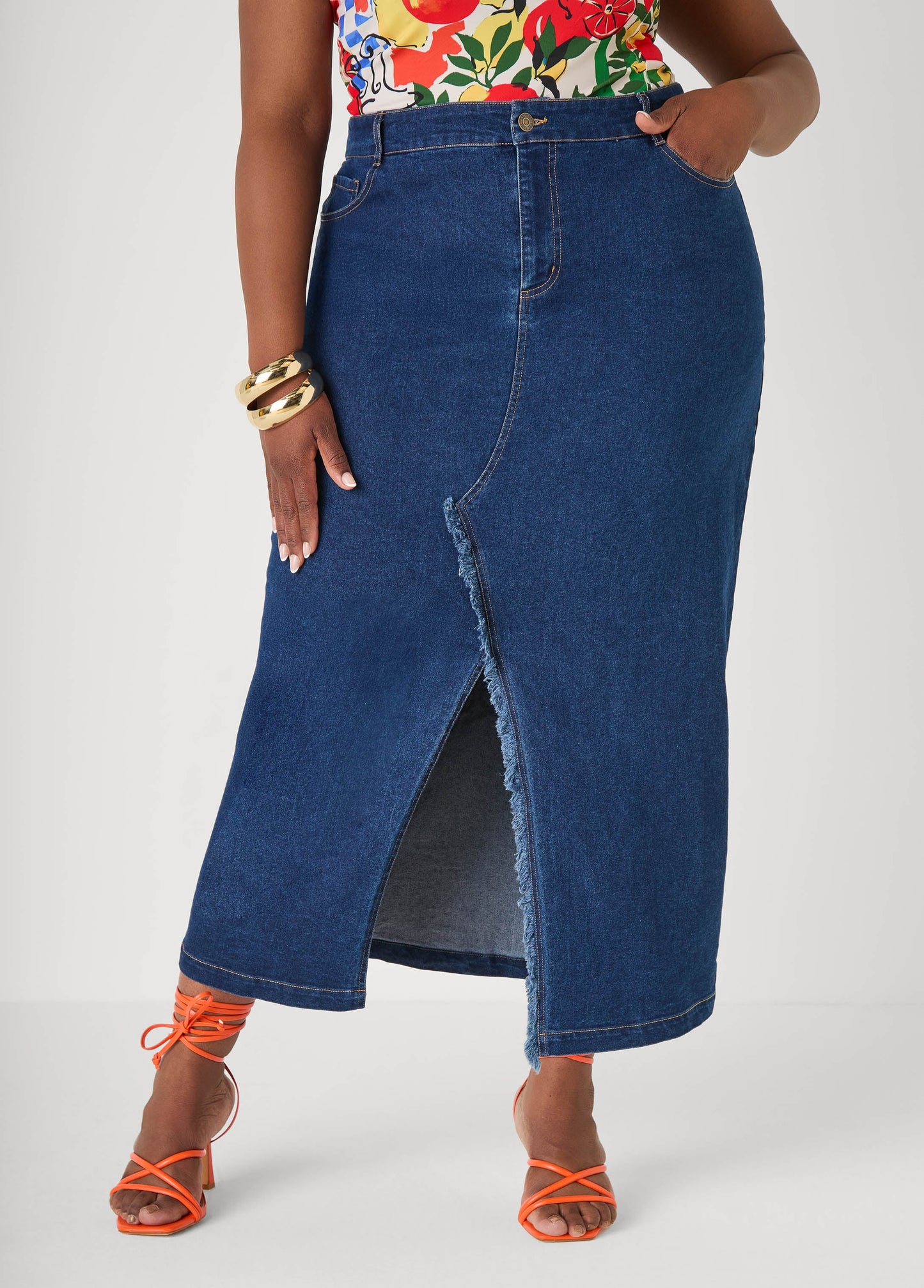 Ashley Stewart Frayed Denim Maxi Skirt Dk Wash