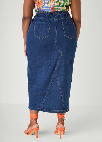 Ashley Stewart Frayed Denim Maxi Skirt Dk Wash