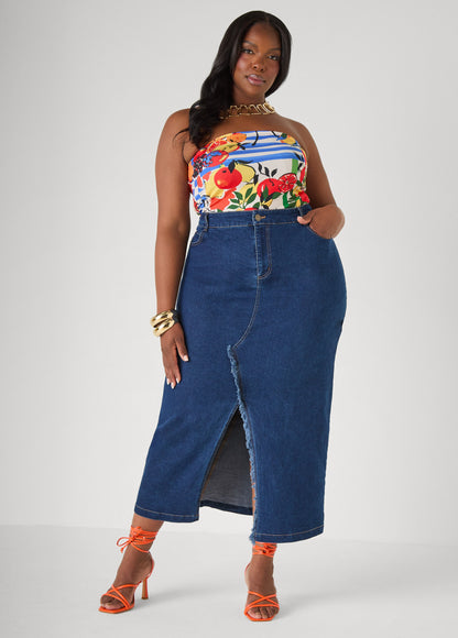 Ashley Stewart Frayed Denim Maxi Skirt Dk Wash