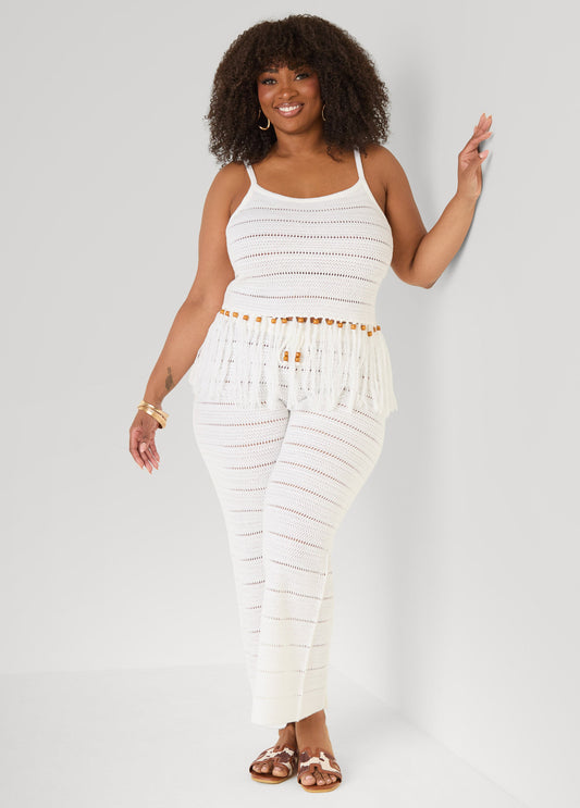Ashley Stewart Beaded Fringe Crochet Coverup Set White