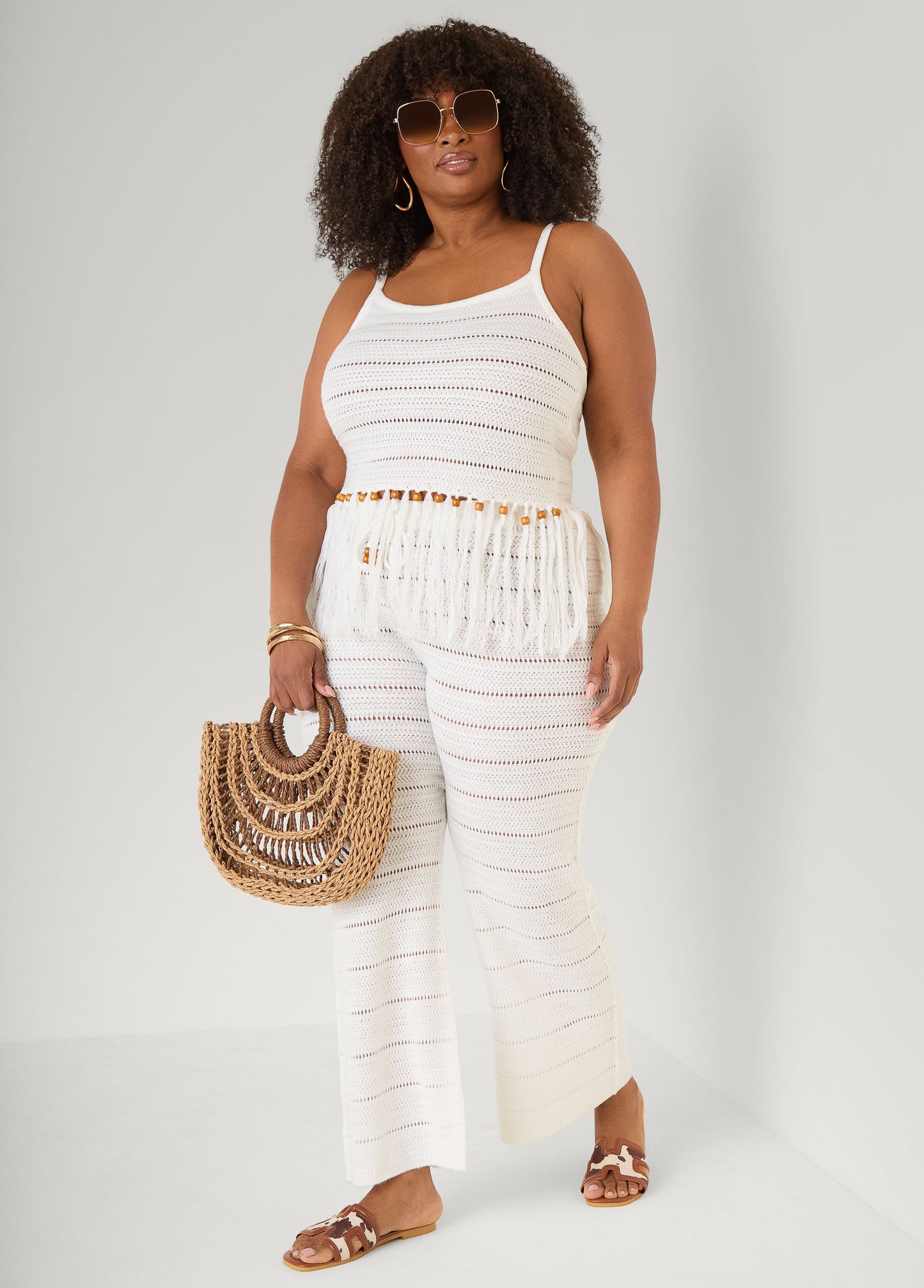 Ashley Stewart Beaded Fringe Crochet Coverup Set White