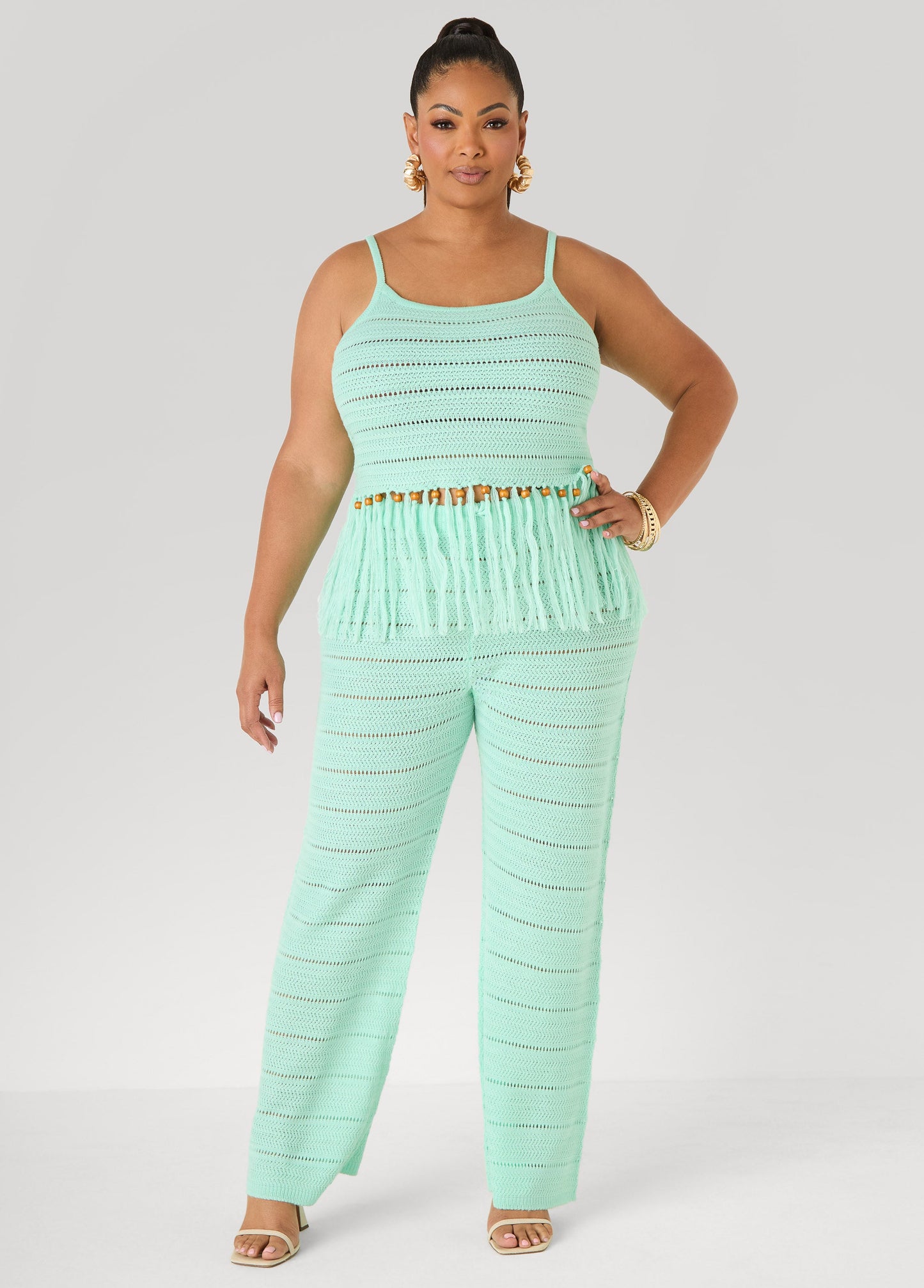 Ashley Stewart Beaded Fringe Crochet Coverup Set White
