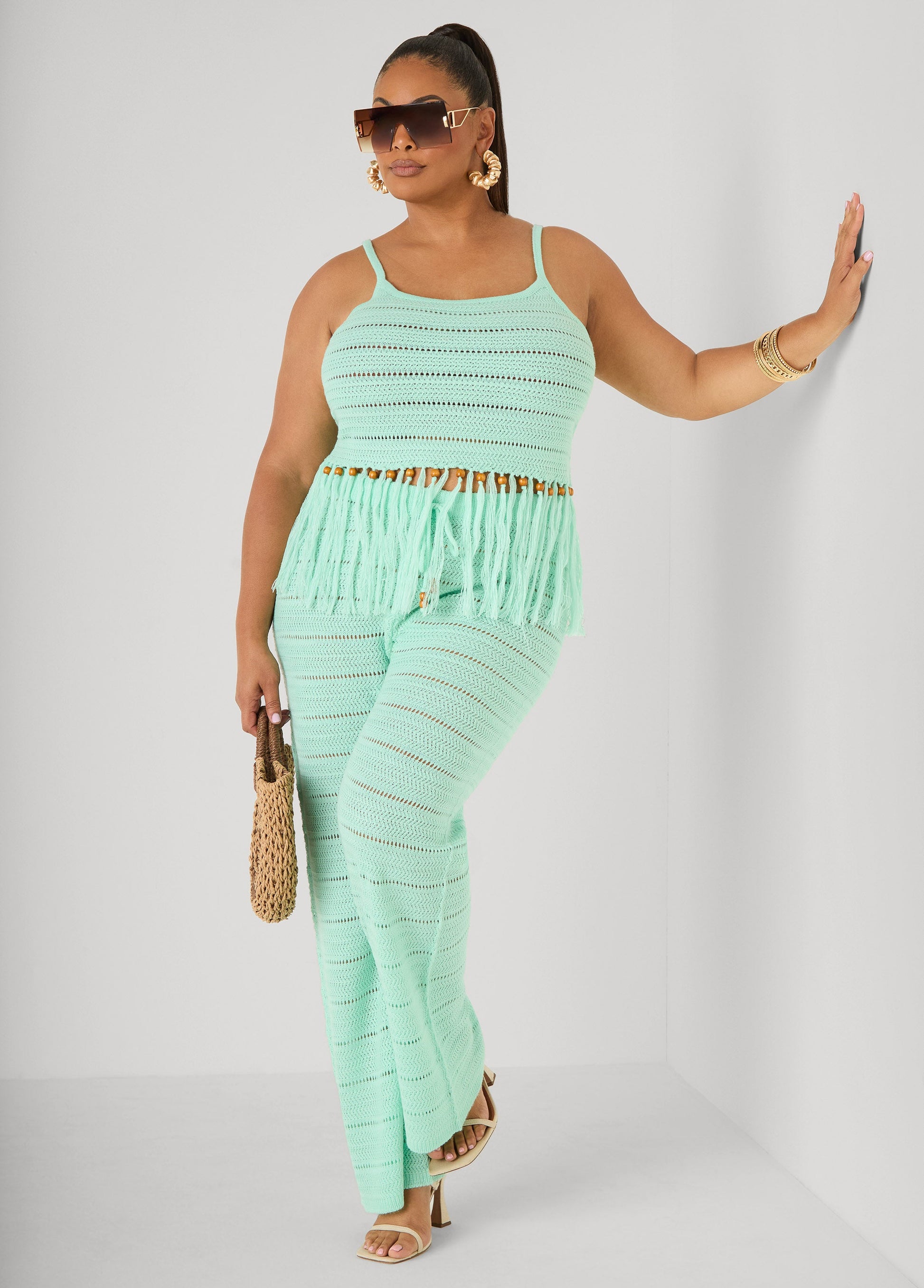Ashley Stewart Beaded Fringe Crochet Coverup Set White