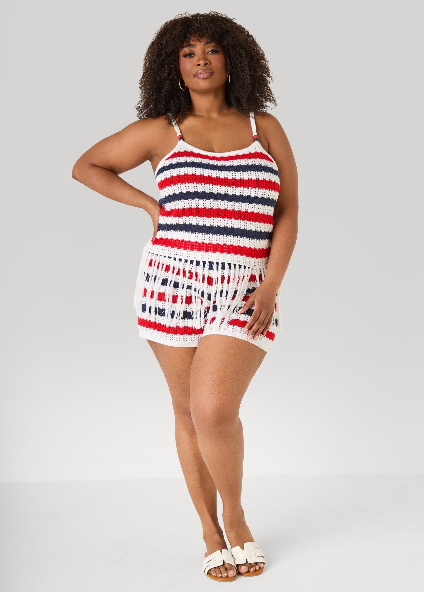 Ashley Stewart Striped Fringe Crochet Coverup Set White