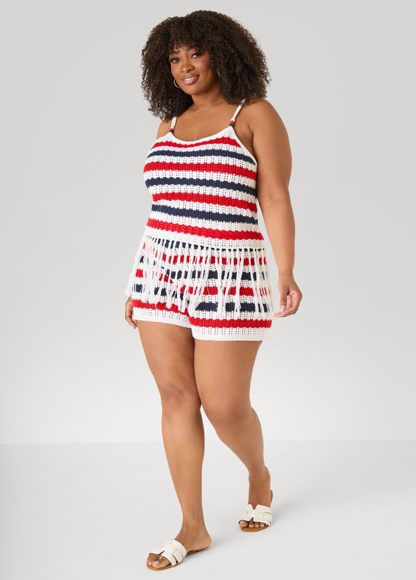 Ashley Stewart Striped Fringe Crochet Coverup Set White