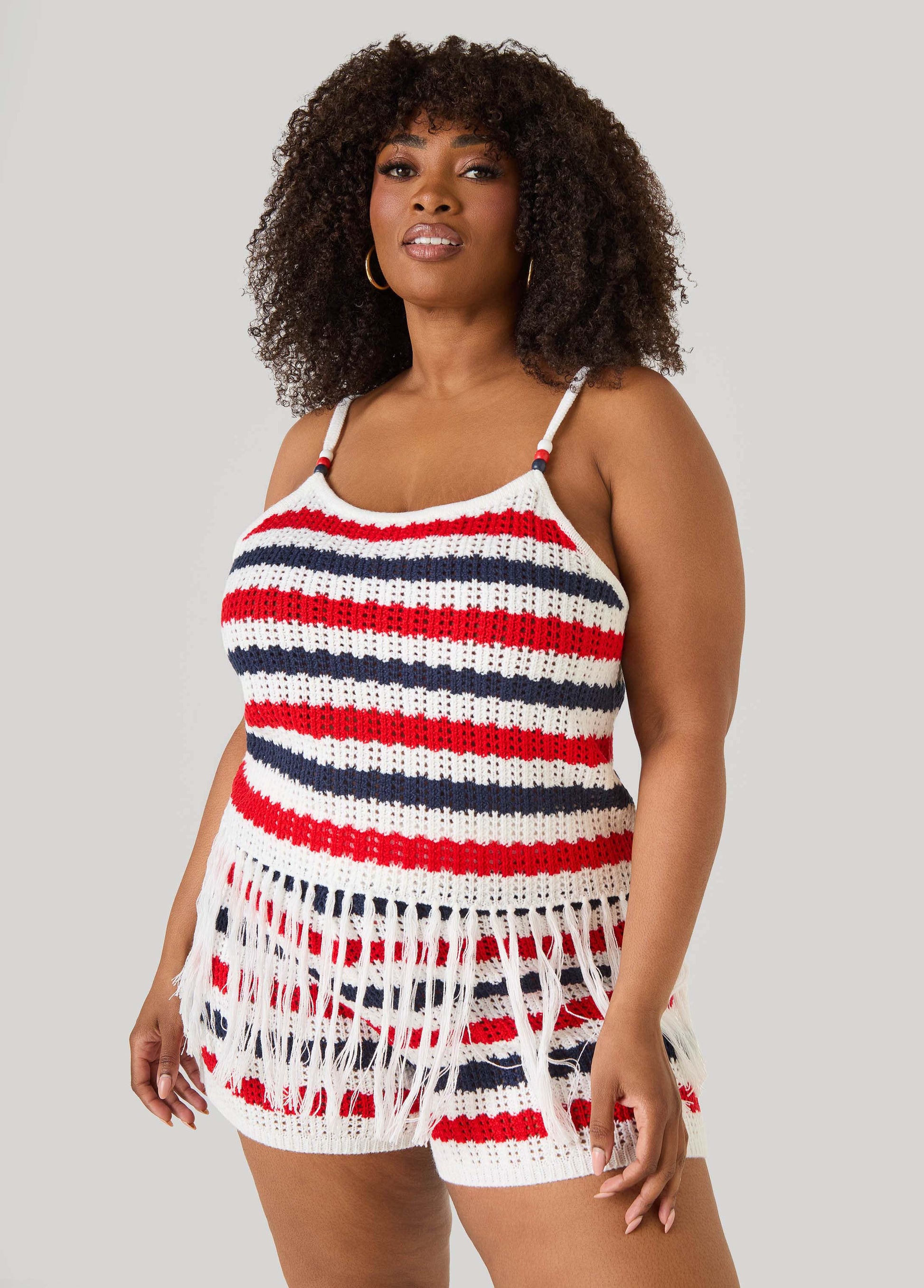Ashley Stewart Striped Fringe Crochet Coverup Set White