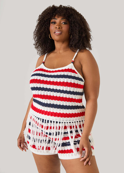 Ashley Stewart Striped Fringe Crochet Coverup Set White