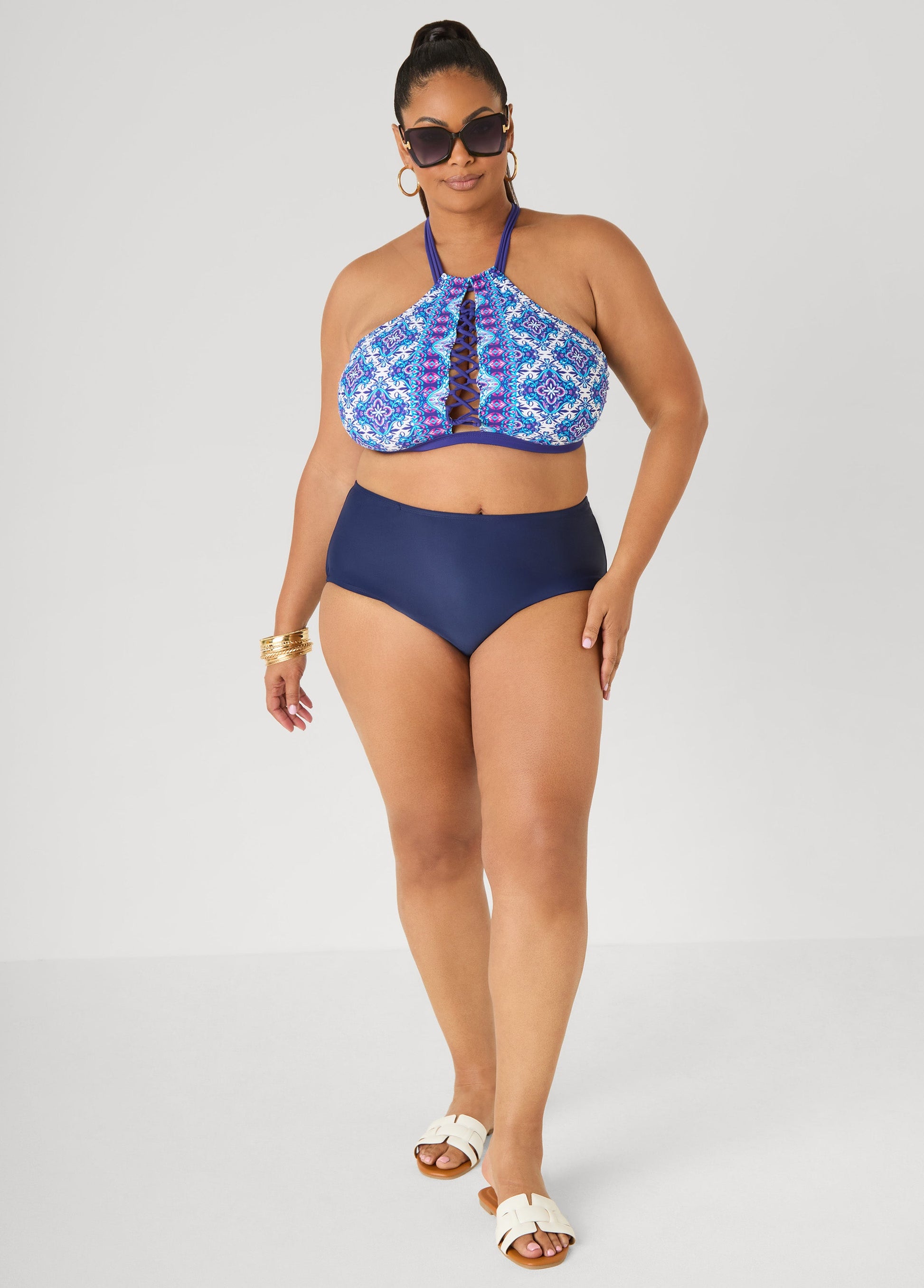 Ashley Stewart Printed Halter Bikini Top Blue