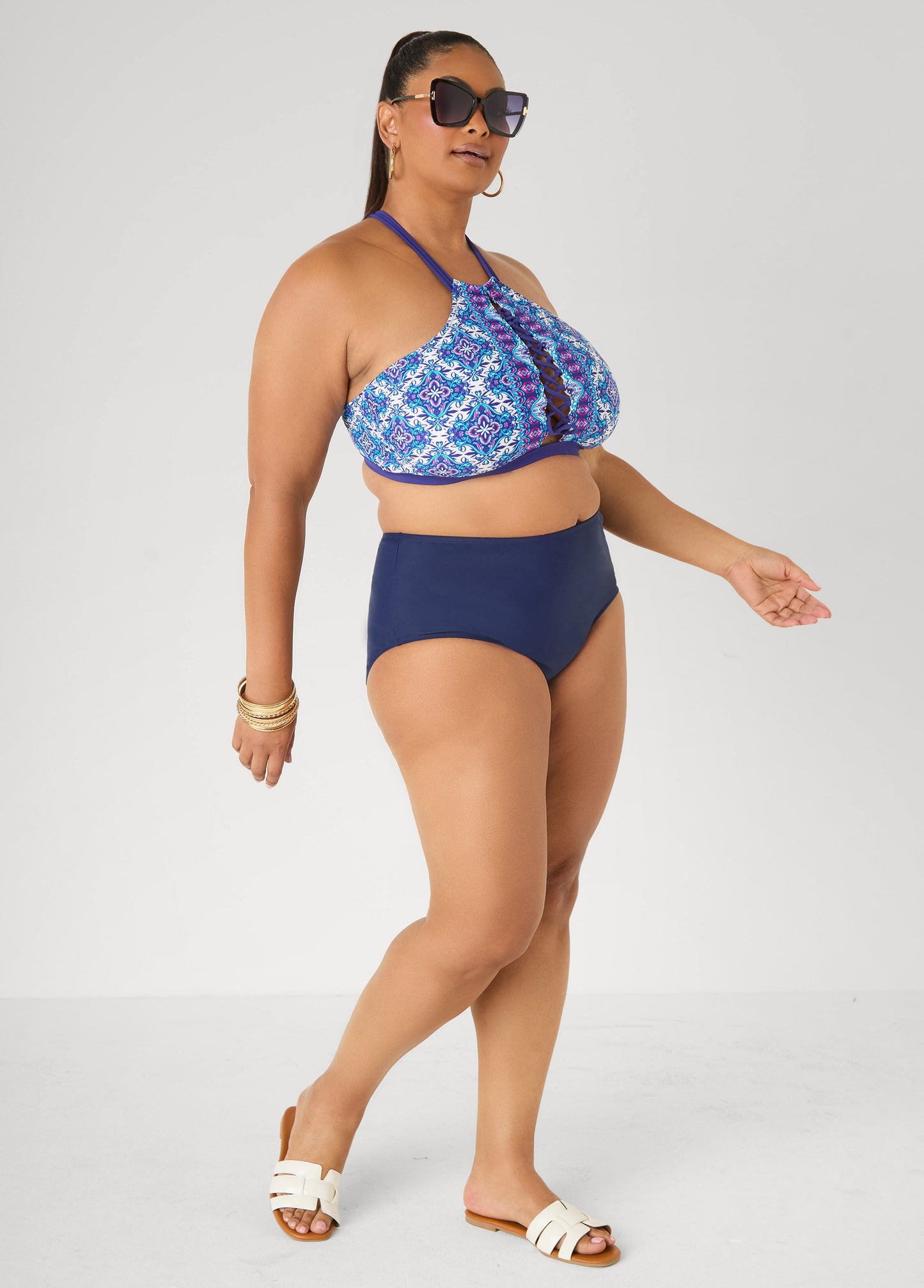 Ashley Stewart Printed Halter Bikini Top Blue