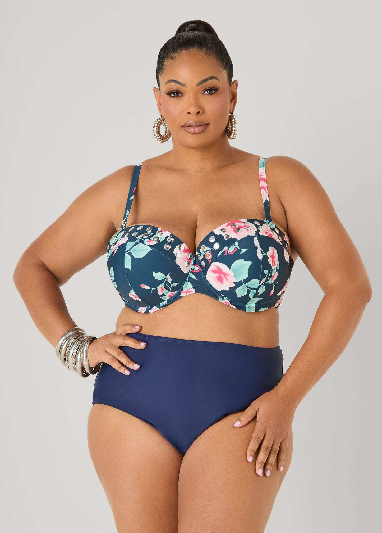 Ashley Stewart Convertible Floral Bikini Top Navy