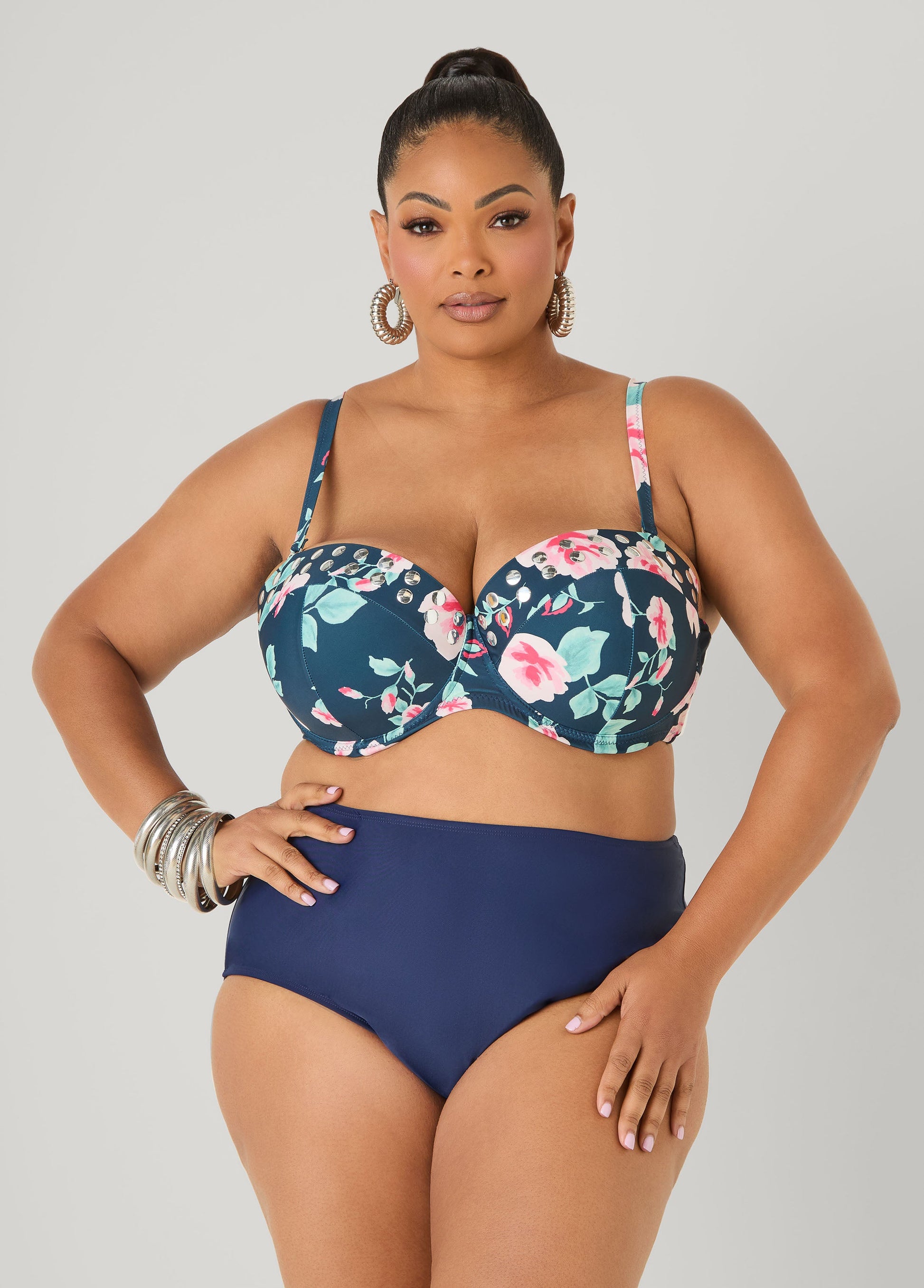Ashley Stewart Convertible Floral Bikini Top Navy
