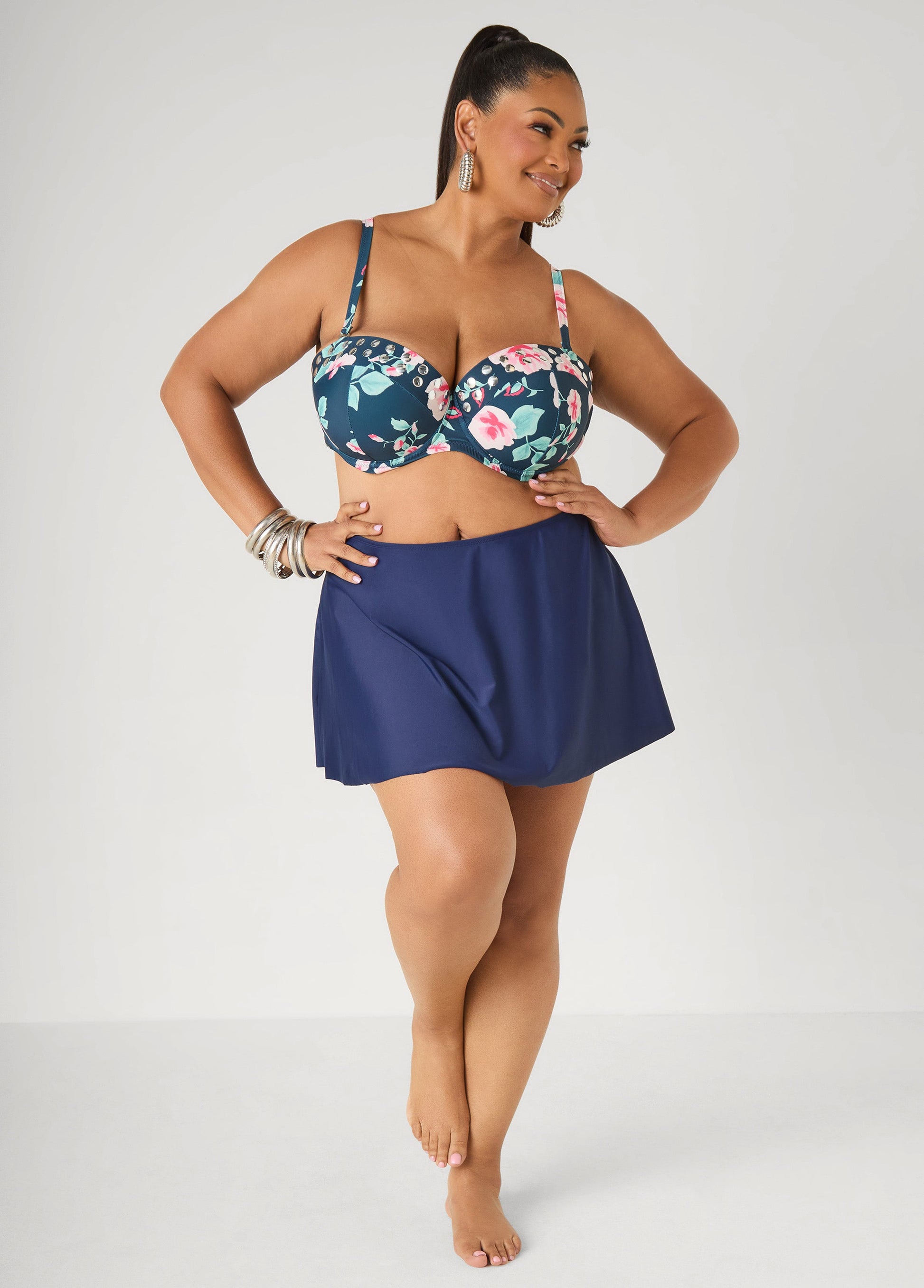Ashley Stewart Convertible Floral Bikini Top Navy