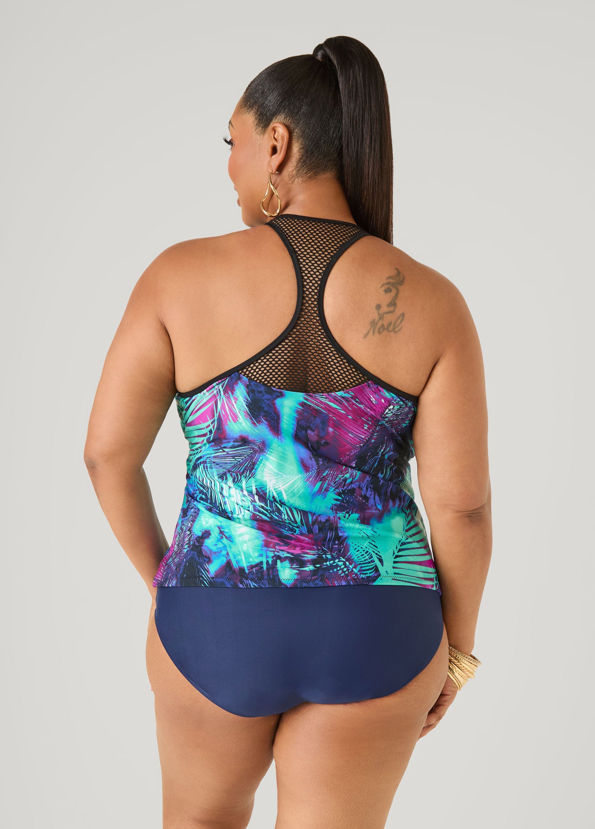 Ashley Stewart Zip Front Leaf Print Tankini Top Blue