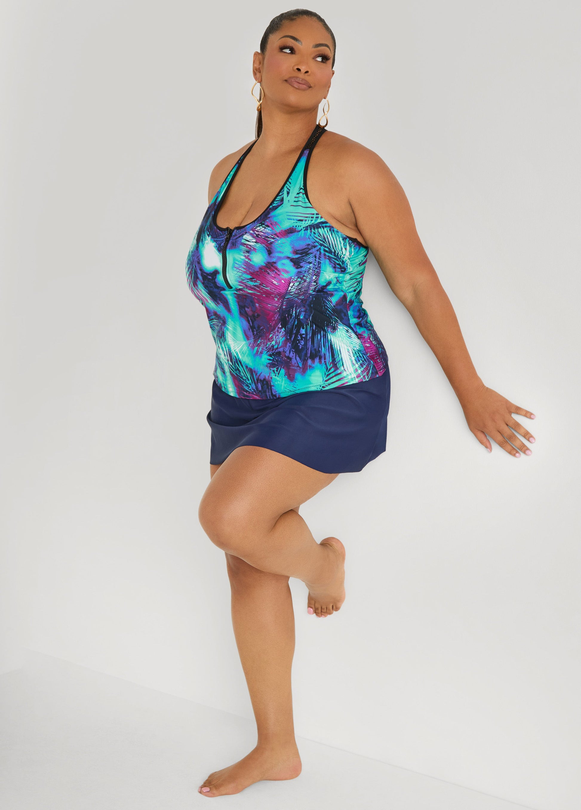 Ashley Stewart Zip Front Leaf Print Tankini Top Blue
