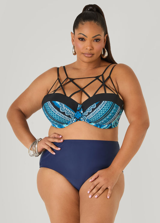 Ashley Stewart Caged Printed Bikini Top Navy
