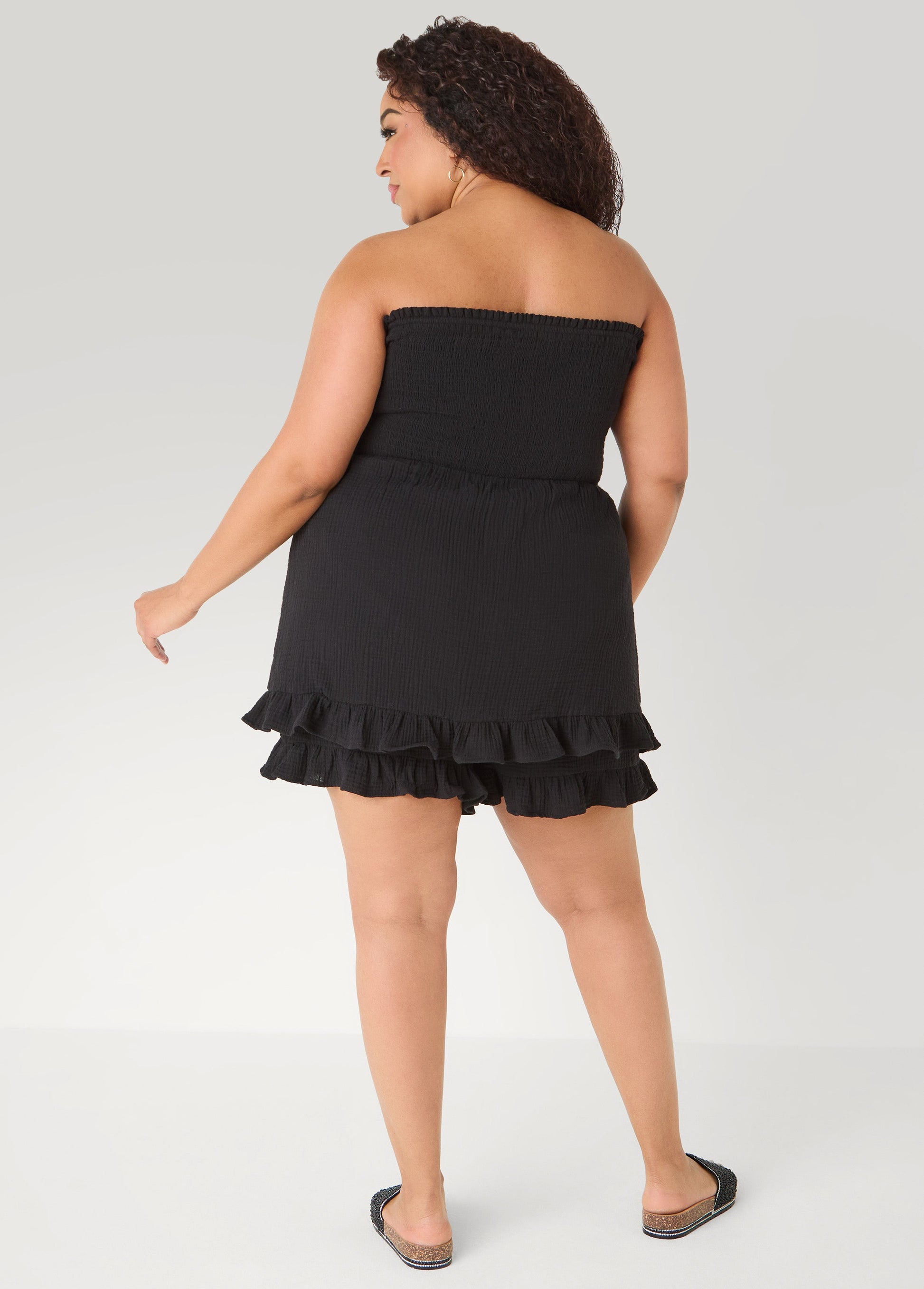 Ashley Stewart Strapless Smocked Ruffled Romper Black